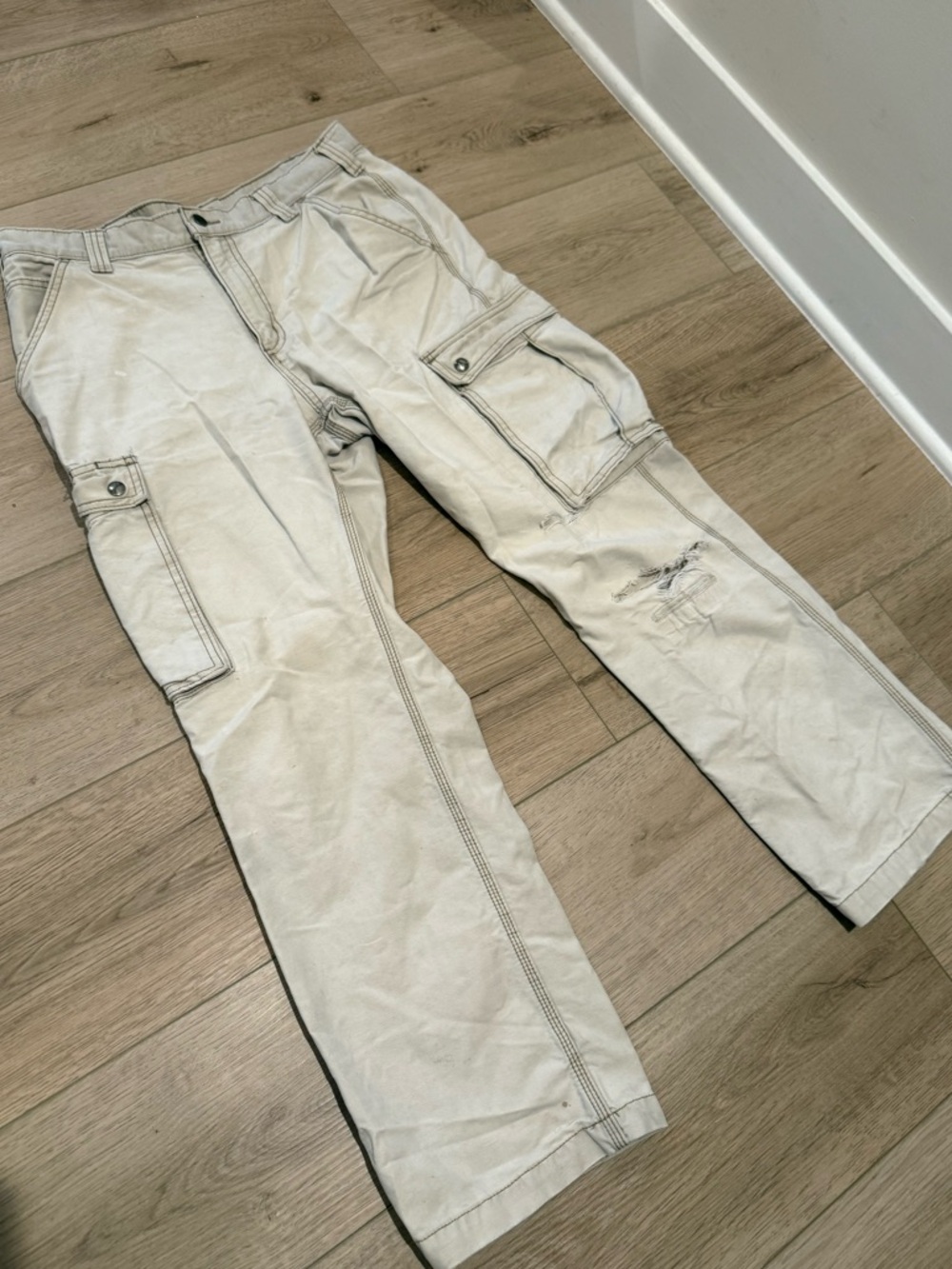 Carhartt Stone White 34x30 Canvas Carpenter Dungaree Fit Work Pants Distressed
